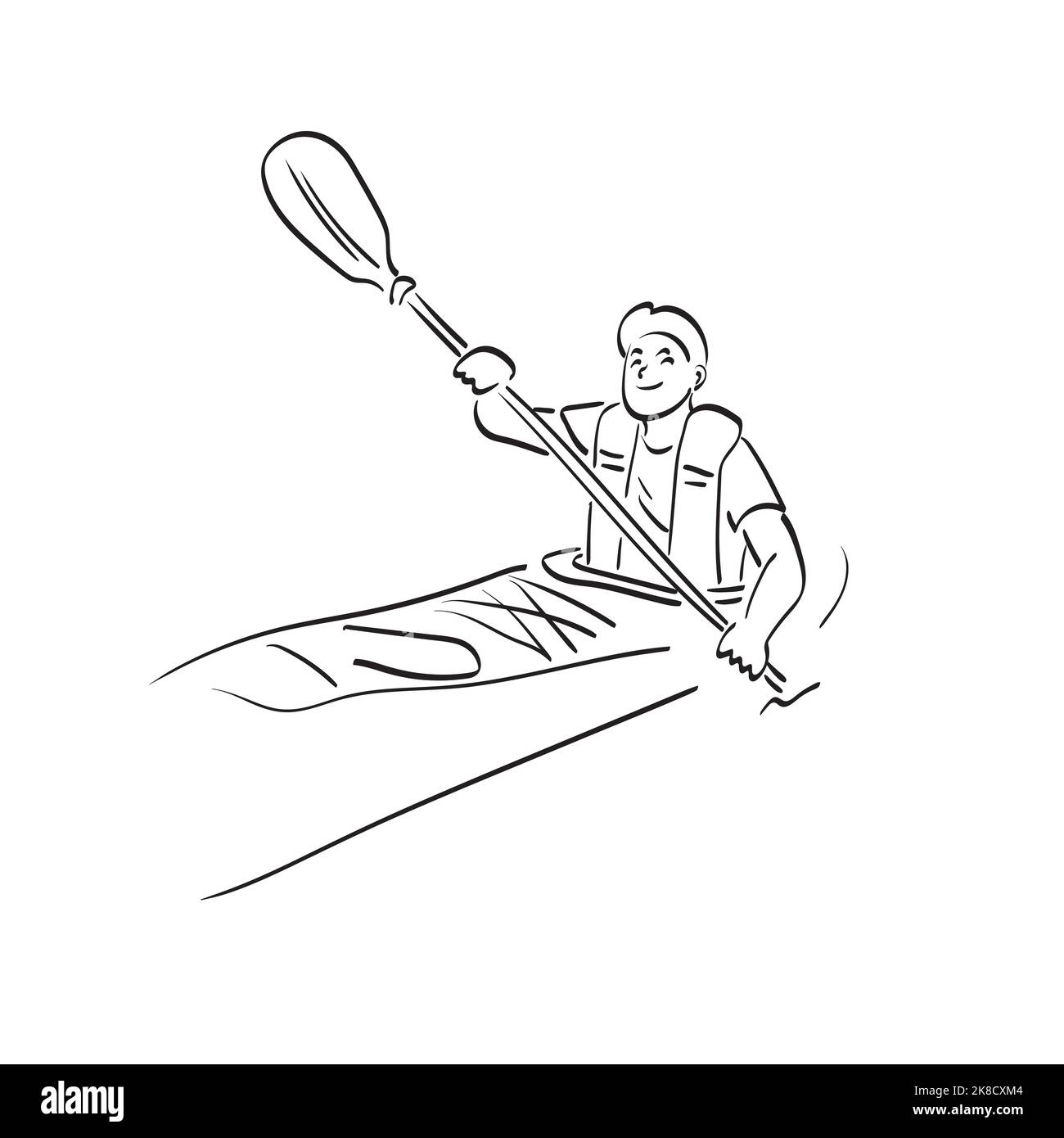 man kayaking or canoeing on a lake with smile illustration vector hand