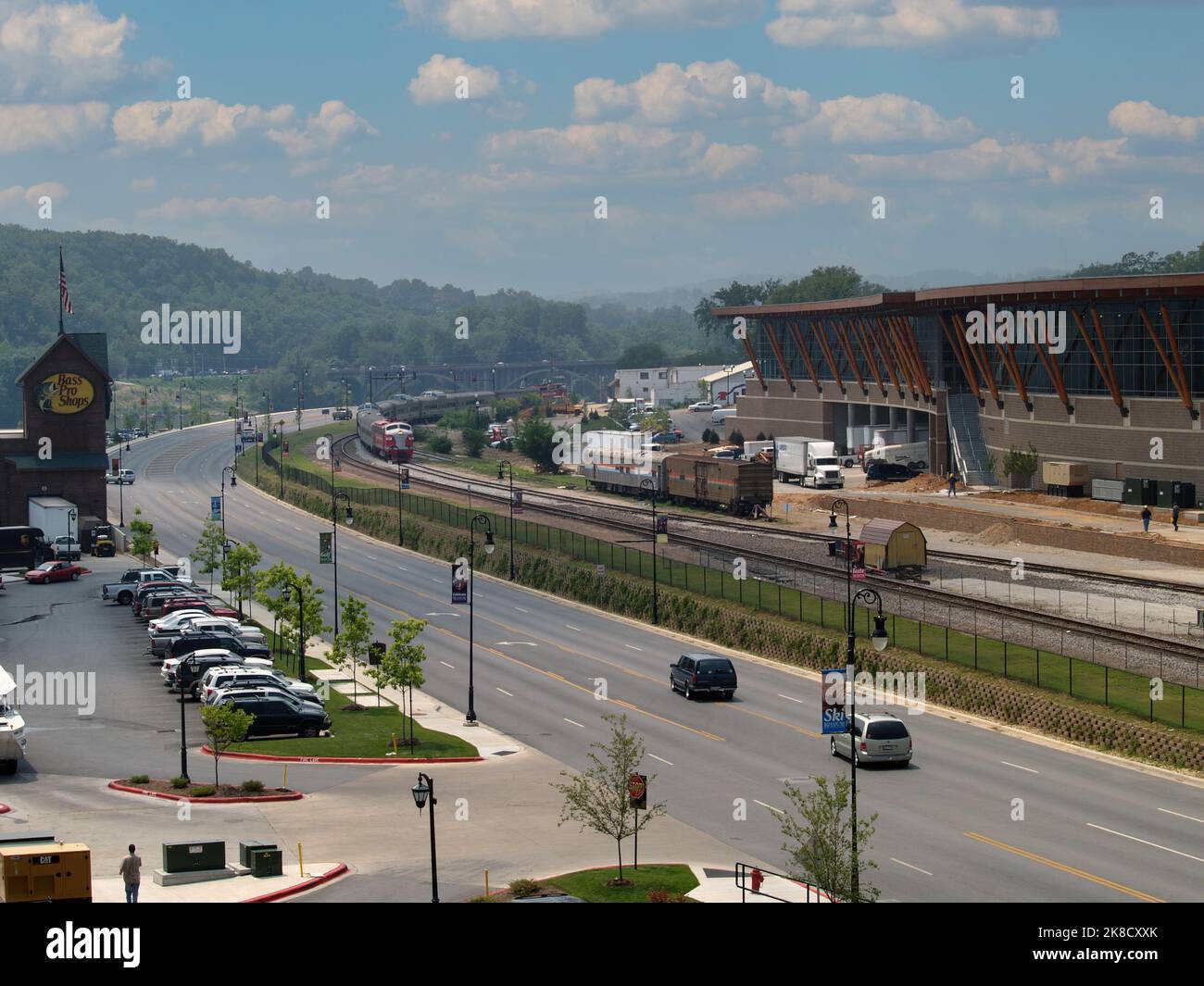 Branson Landing Blvd. runs along the waterfront in downtown Branson, Missouri between the convention center and Branson Landing. Stock Photo
