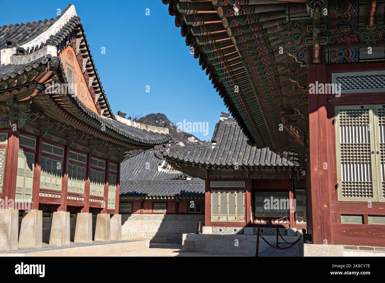 Traditional Korean buildings of the Gangnyeong-jeon or Kings Residence Hall, at the Gyeongbokgung Palace in Seoul, South Korea. Stock Photo