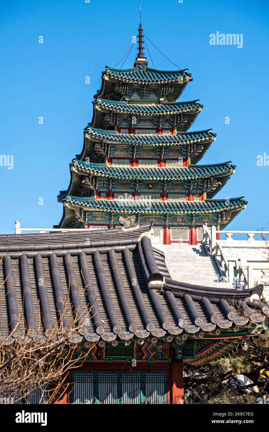The pagoda at the National Folk Museum of Korea inside the Gyeongbokgung Palace complex during winter in Seoul, South Korea. Stock Photo