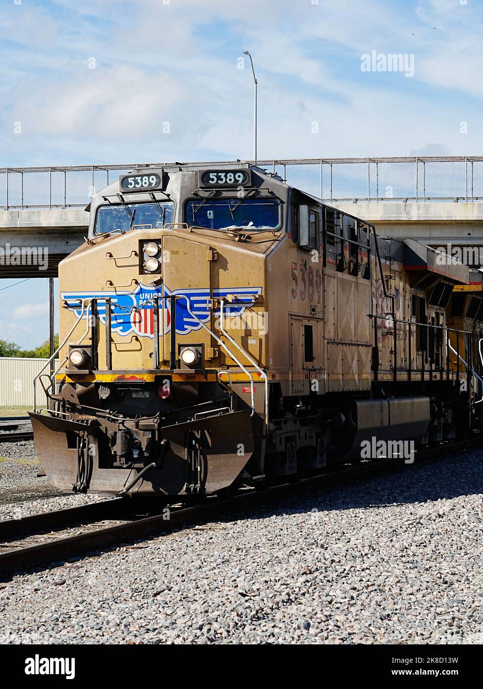 Front of powerful Union Pacific railroad diesel pulling a