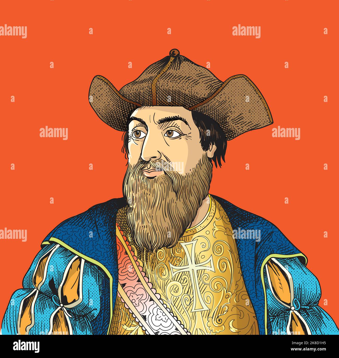 Vasco de Gama, who in 1498, rounded the Cape of Good Hope and sailed to Calicut, on the coast of Malabar. Vector illustration Stock Vector