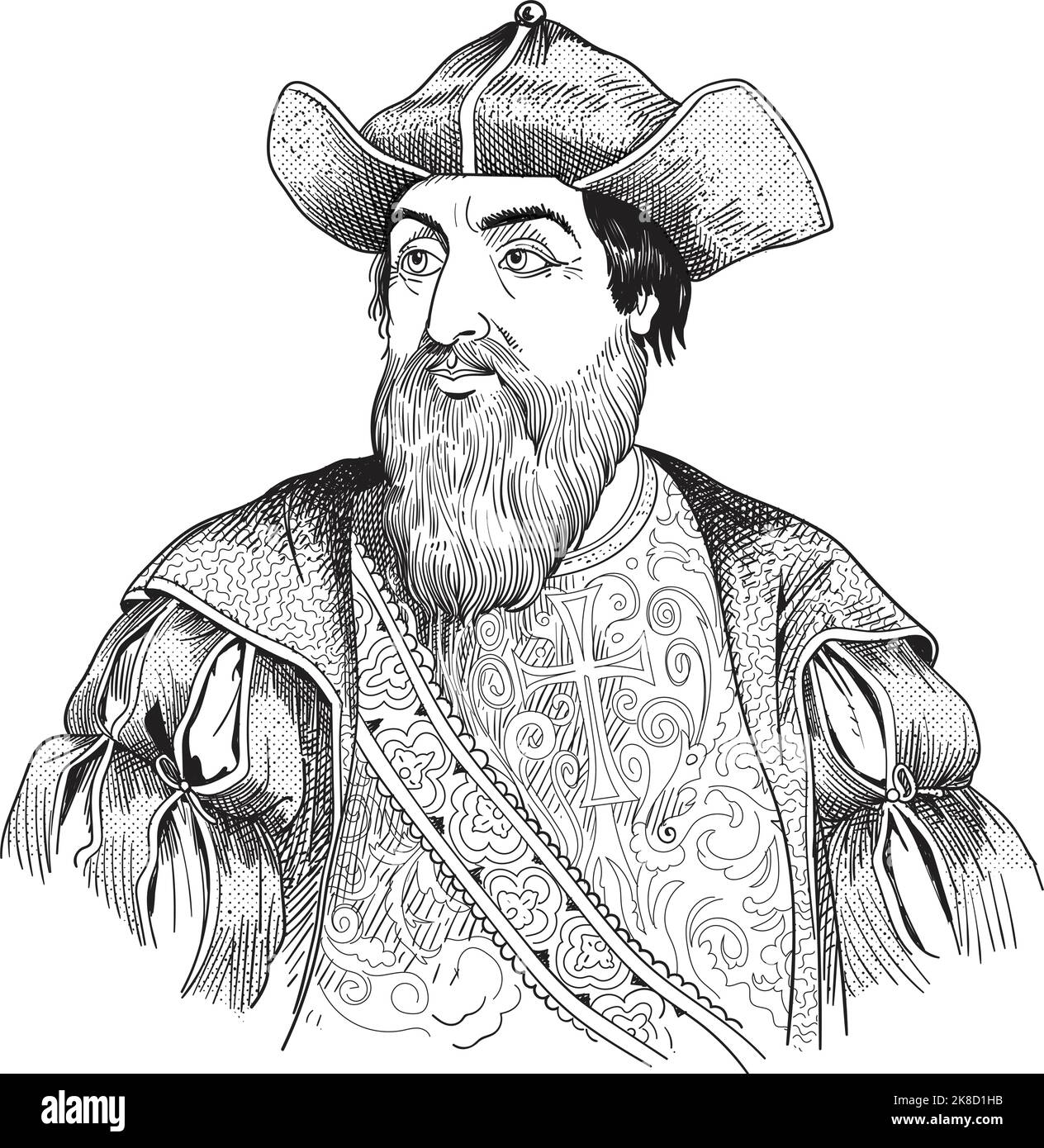 Vasco de Gama, who in 1498, rounded the Cape of Good Hope and sailed to Calicut, on the coast of Malabar. Vector illustration Stock Vector
