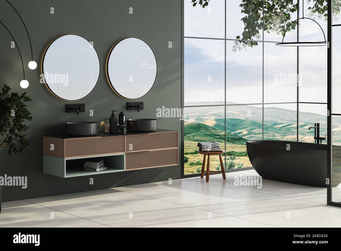 Photo inspiration: Visual Reference: Modern Minimalist Bathroom Interior With Dark Green Wall Luxury