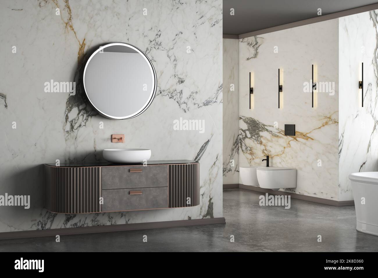 Modern luxury bathroom, white marble walls, bathtub, concrete floor