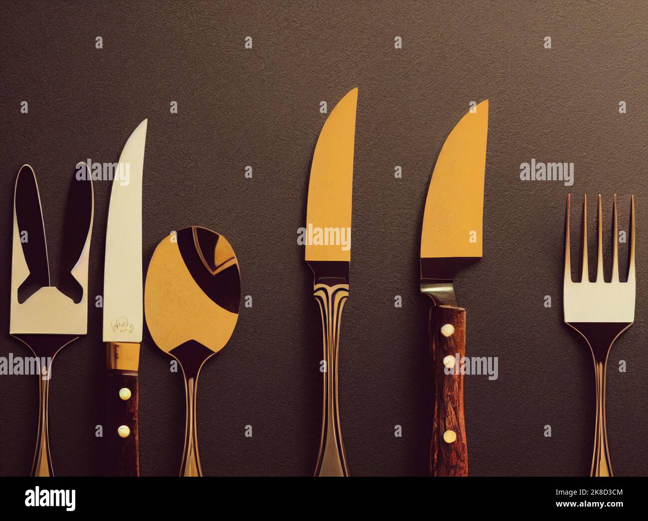 Illustrative story telling background. A collection of knives and forks on a textured brown