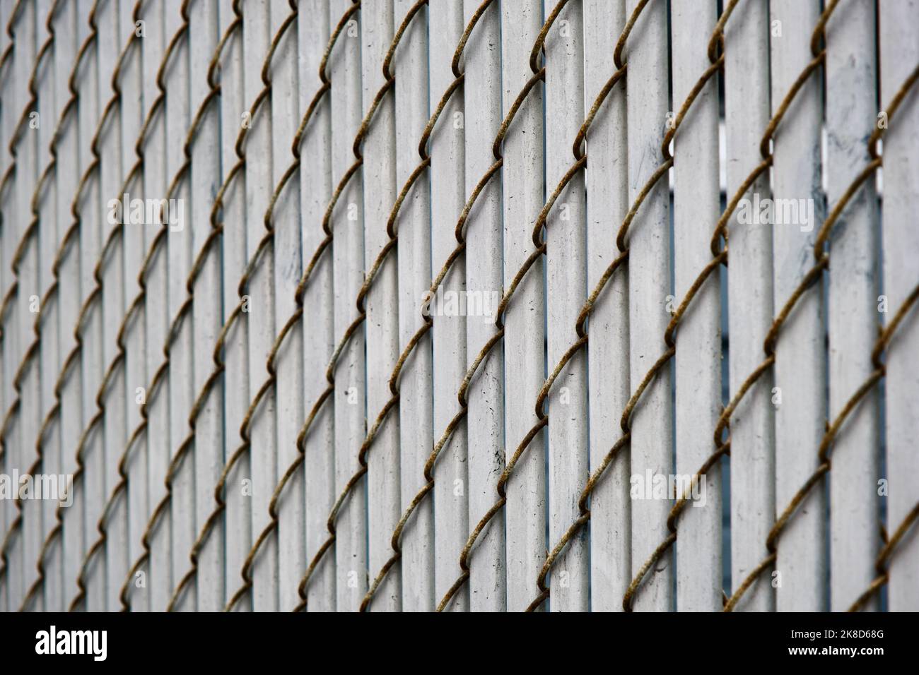 Close-up abstract view of a rusty chainlink fence with vertical white metal slats Stock Photo