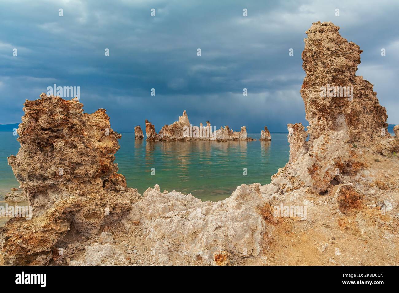 The tufa formations at Mono lake with a stormy sky backdrop. Stock Photo