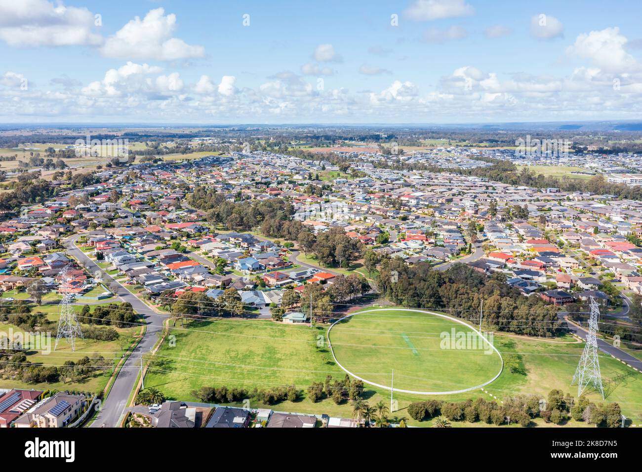 Drone aerial photograph of houses and roads in the suburb of Glenmore
