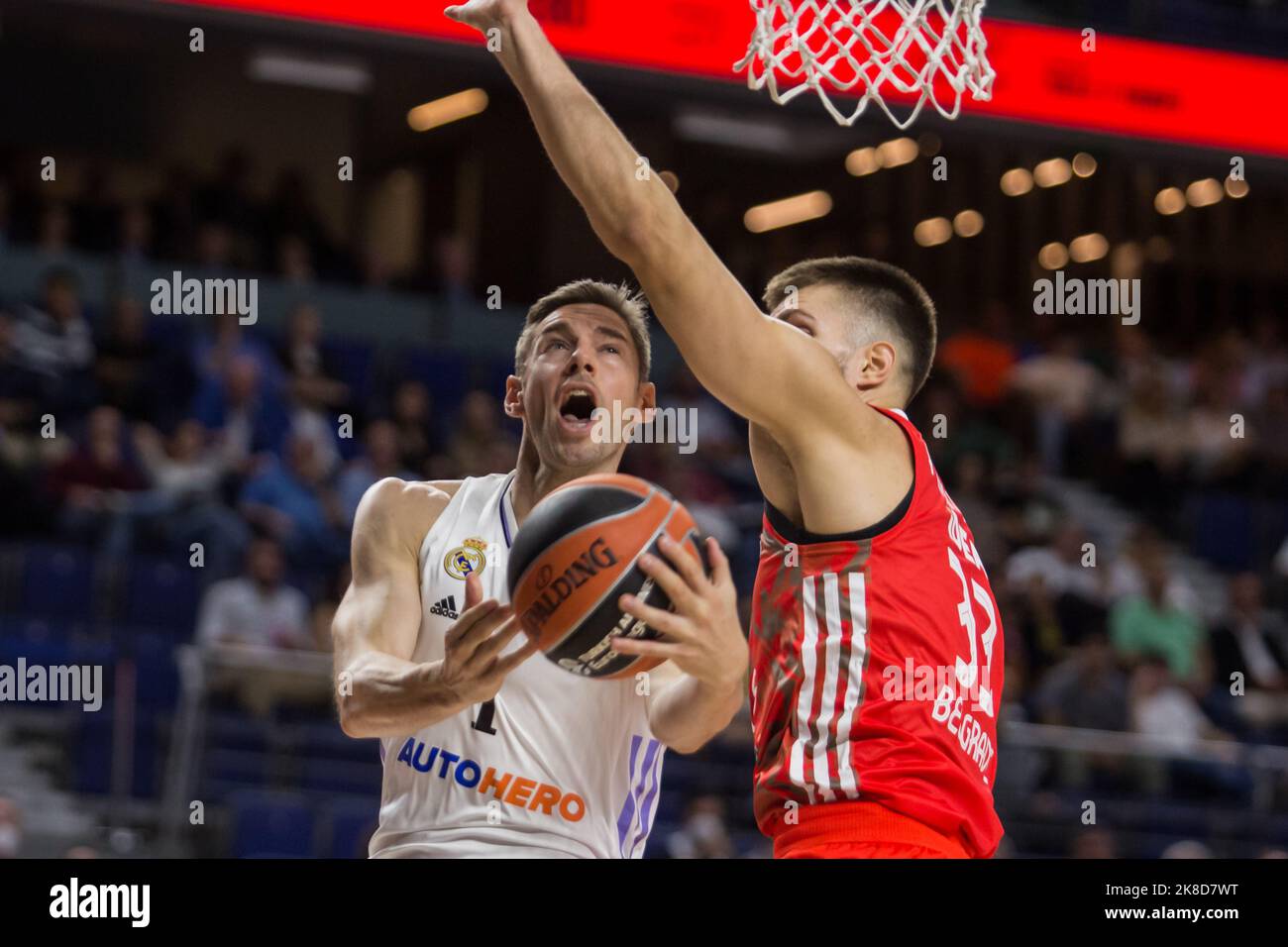 Madrid, Spain. 21st Oct, 2022. Fabien Causuer (L) and Filip Petrusev (R)during Real Madrid victory over Crvena Zvezda mts Belgrade 72 - 56 in Turkish Airlines Euroleague regular season game (round 4) celebrated at WiZink Center in Madrid (Spain). October 21st 2022. (Photo by Juan Carlos García Mate/Pacific Press/Sipa USA) Credit: Sipa USA/Alamy Live News Stock Photo