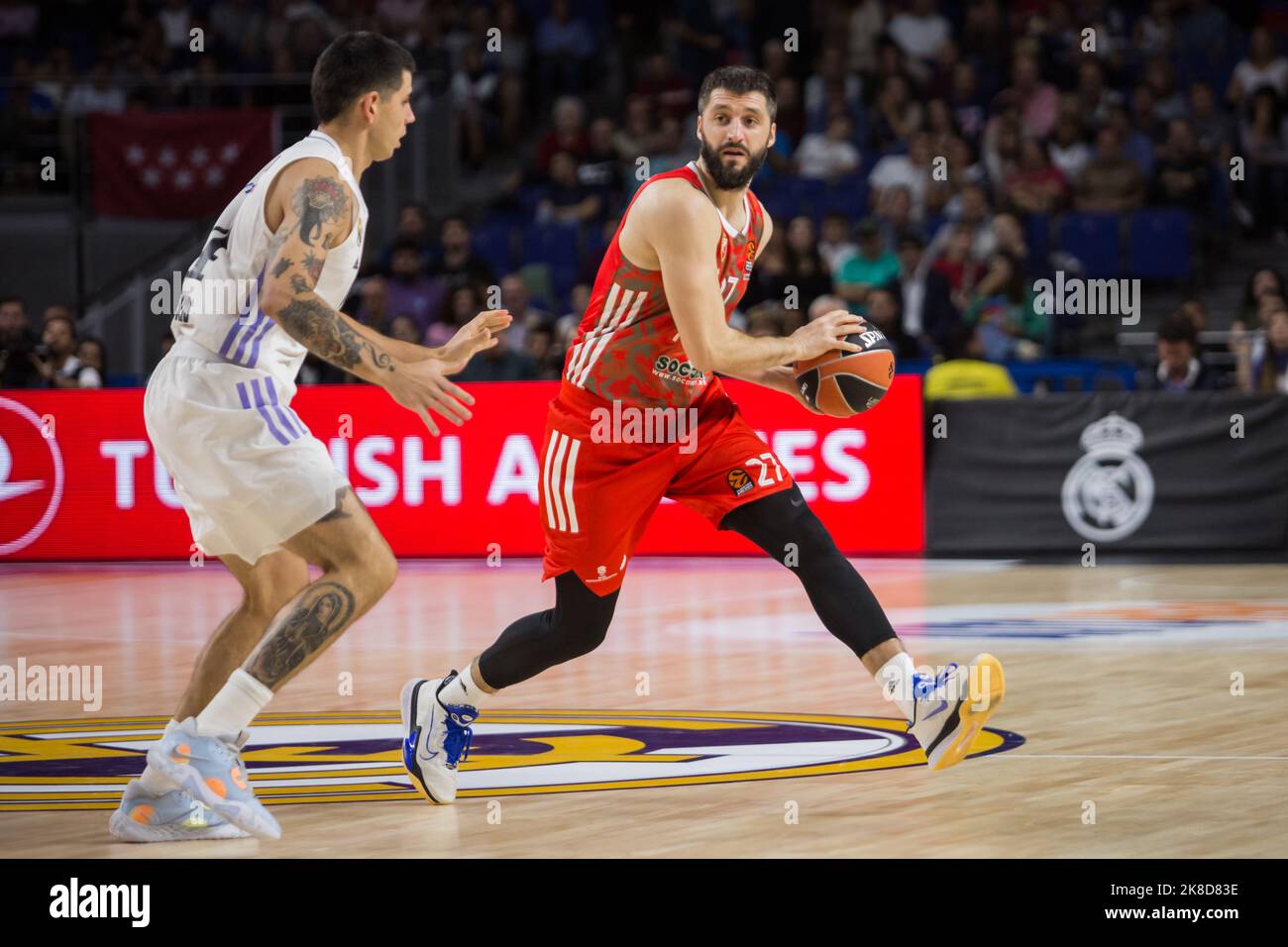 Madrid, Spain. 21st Oct, 2022. Gabriel Deck (L) and Stefan Markovic (R)during Real Madrid victory over Crvena Zvezda mts Belgrade 72 - 56 in Turkish Airlines Euroleague regular season game (round 4) celebrated at WiZink Center in Madrid (Spain). October 21st 2022. (Photo by Juan Carlos García Mate/Pacific Press/Sipa USA) Credit: Sipa USA/Alamy Live News Stock Photo