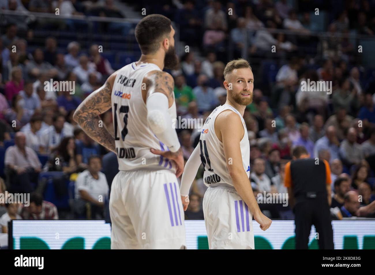 Madrid, Spain. 21st Oct, 2022. Vicent Poirier (L) and Dzanan Musa (R)during Real Madrid victory over Crvena Zvezda mts Belgrade 72 - 56 in Turkish Airlines Euroleague regular season game (round 4) celebrated at WiZink Center in Madrid (Spain). October 21st 2022. (Photo by Juan Carlos García Mate/Pacific Press/Sipa USA) Credit: Sipa USA/Alamy Live News Stock Photo