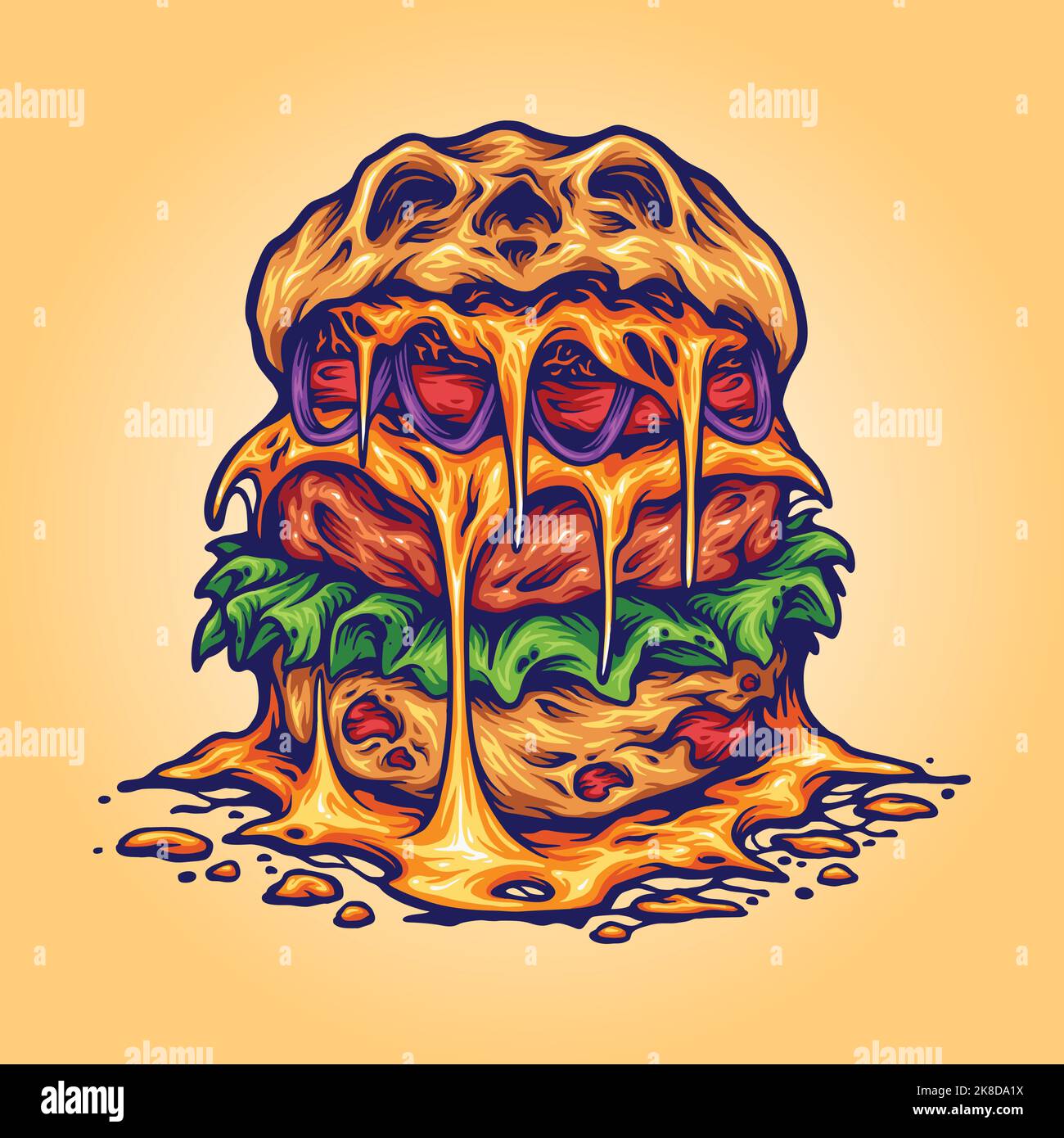 Delicious scary monster burger illustration vector illustrations for your work logo, merchandise t-shirt, stickers and label designs, poster Stock Vector