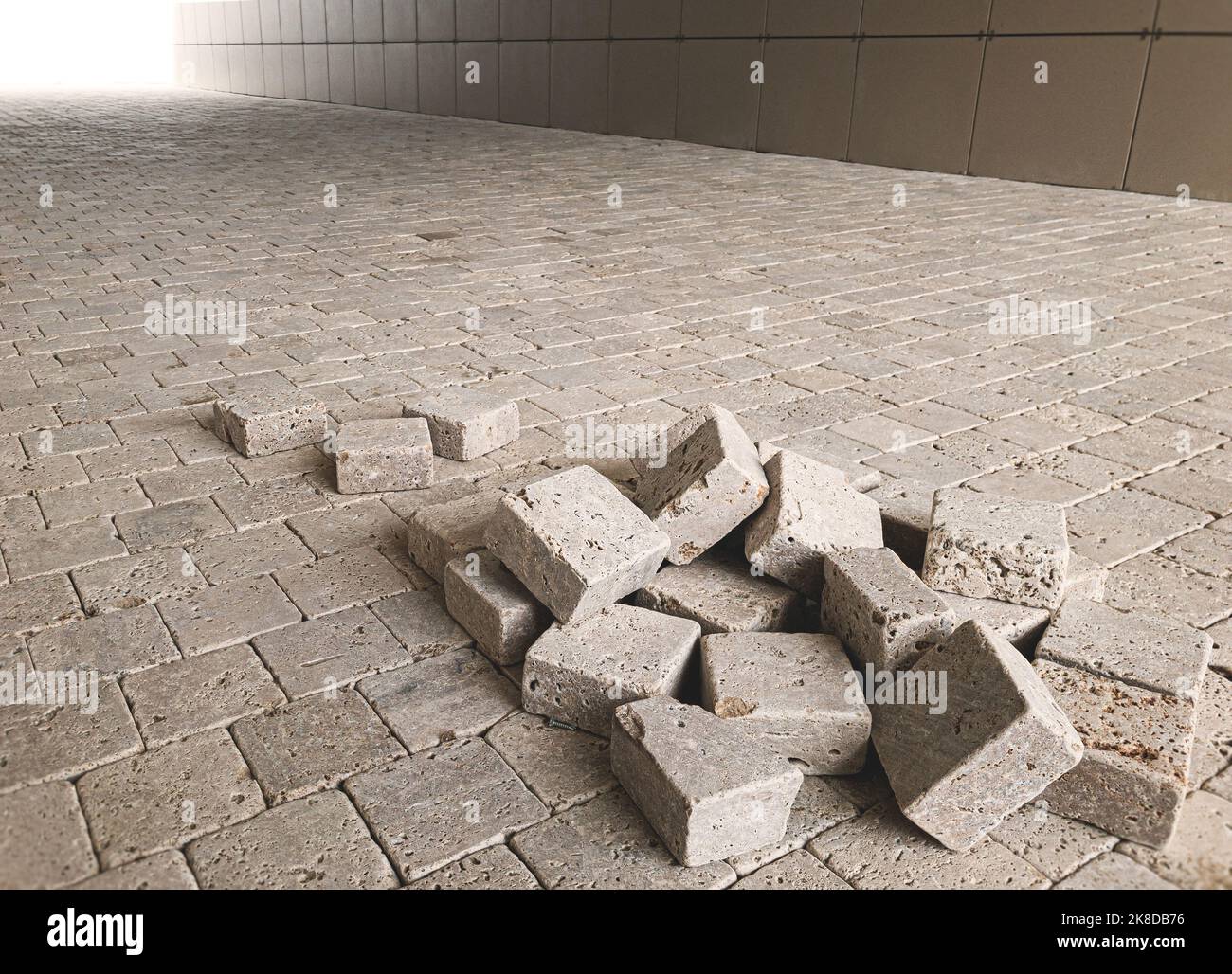 pavement pavestone paving bricks stone bricks placing, street sidewalk works Stock Photo