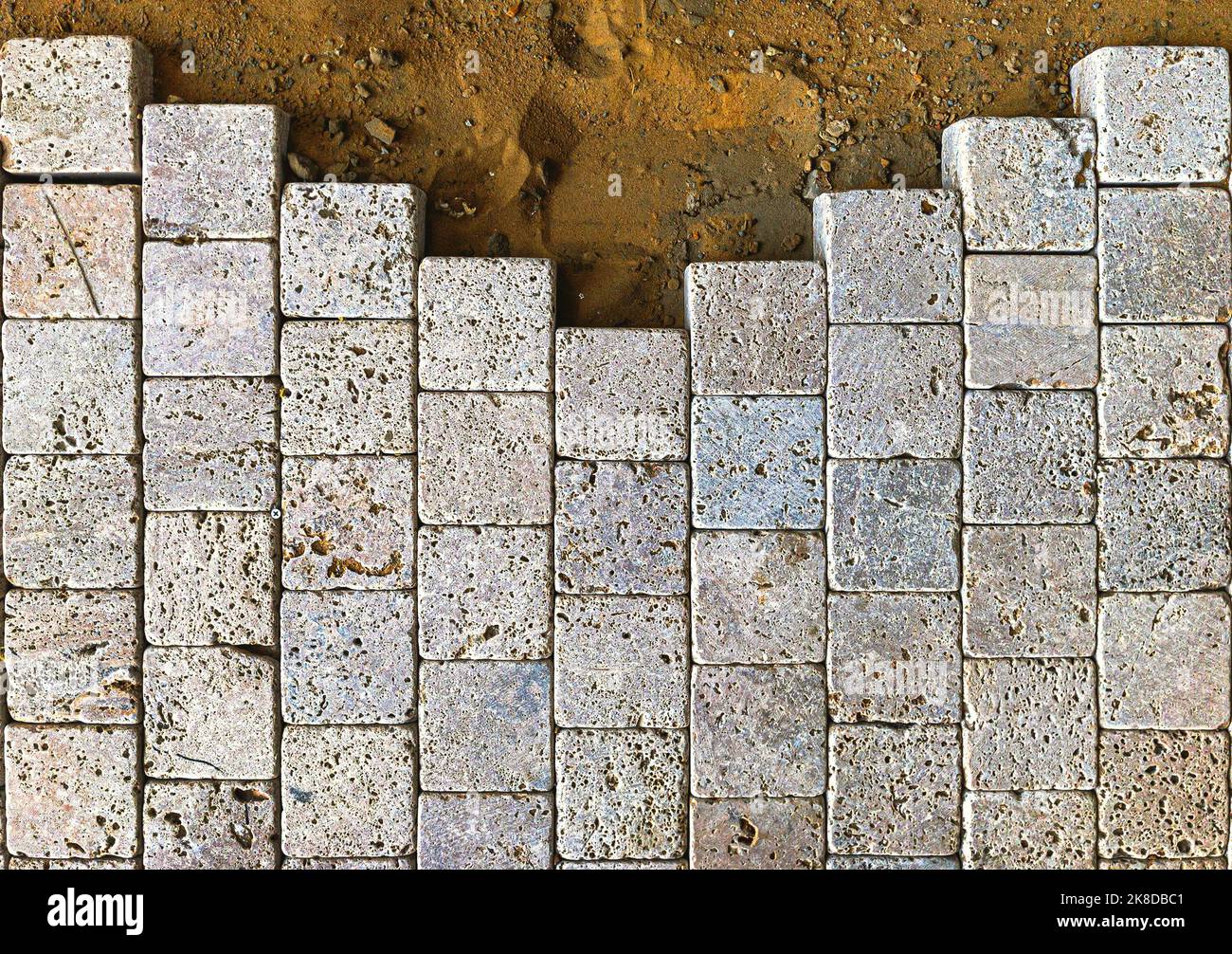 pavement pavestone paving bricks stone bricks placing, sidewalk works Stock Photo