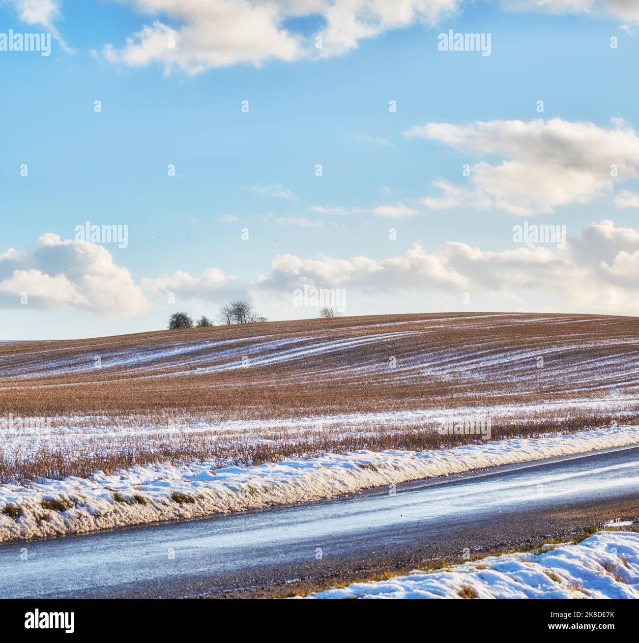 Wintertime - countryside in Denmark. Winter landscape on a sunny day with blue sky. Stock Photo