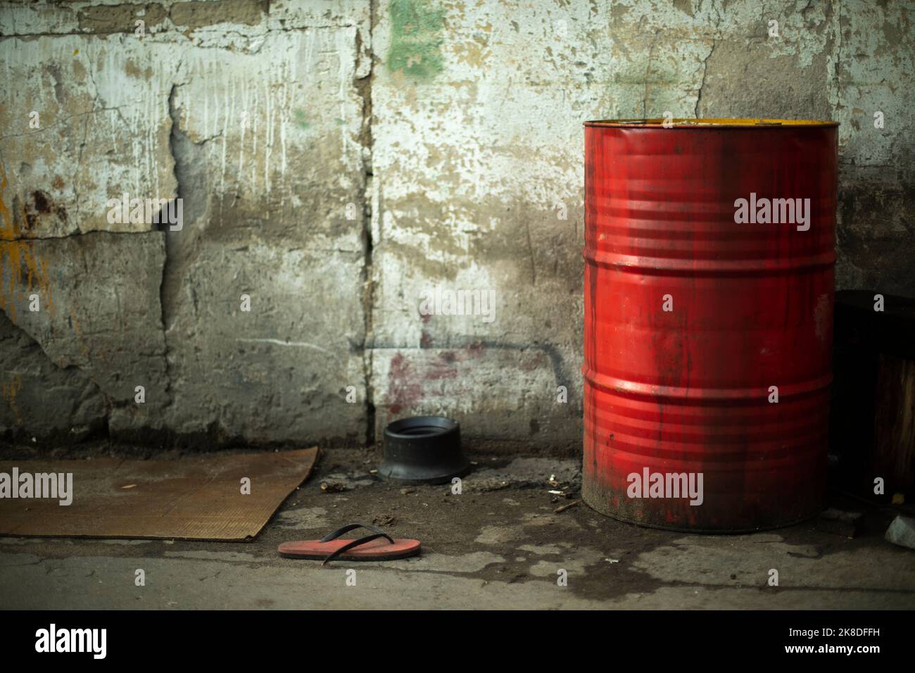 Red barrel. Industrial zone. Fuel tank. Details of territory Stock