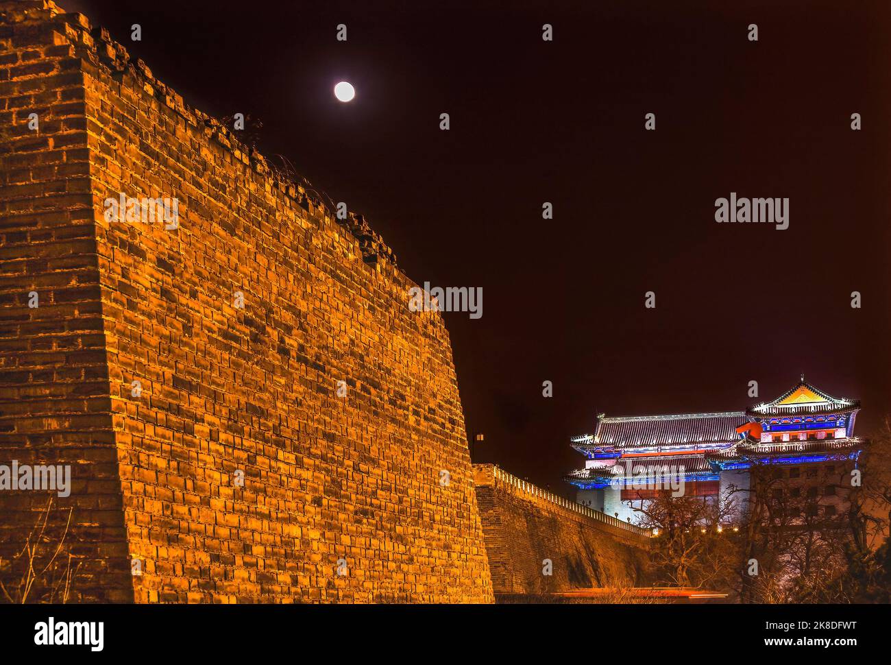 City Wall Park Night Moon Illuminated Watchtower Dongguan Men Beijing China US marines climbed watchtower in Boxer Rebellion Stock Photo