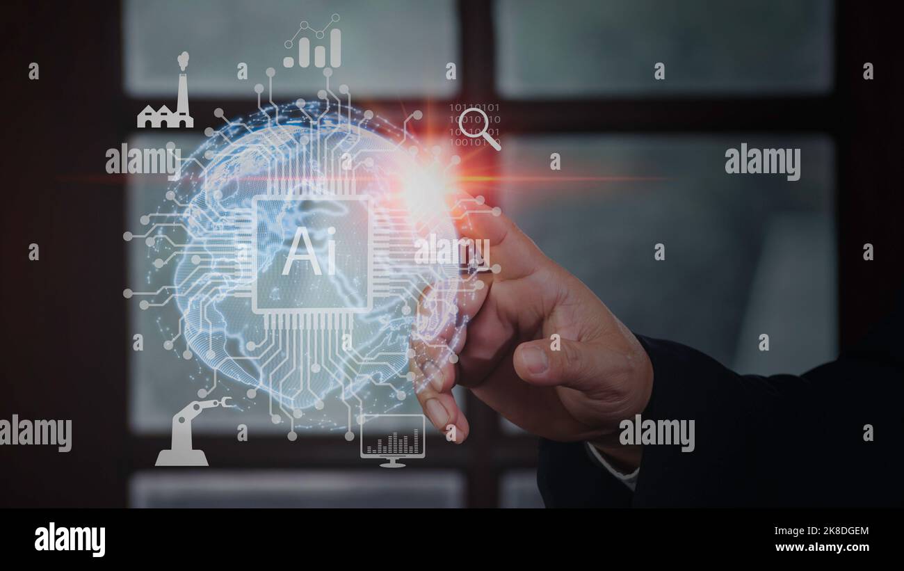 Businessman press on digital screen interface big data analytics and business intelligence (BI) concept for system engineering, binary code programmin Stock Photo