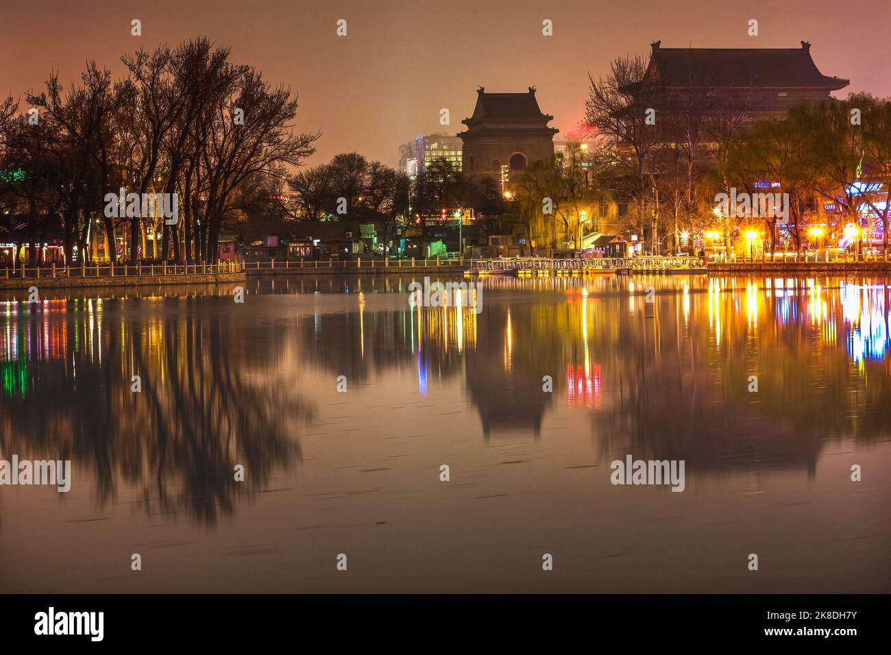 Houhai Lake Night Illuminated Drum and Bell Tower Beijing China Old
