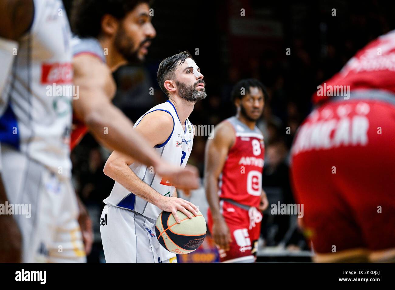 Mechelen's Domien Loubry pictured wearing bandages on his face during a