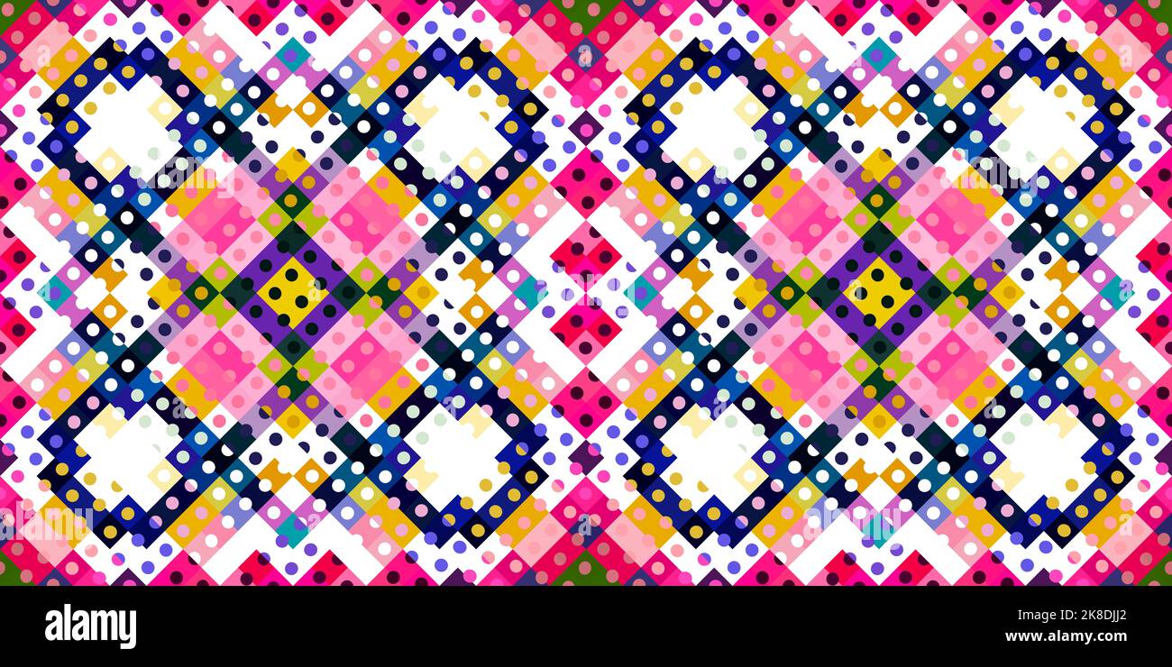 Whimsical geometric pixel pattern. Playful fun kaleidoscopic pink ...