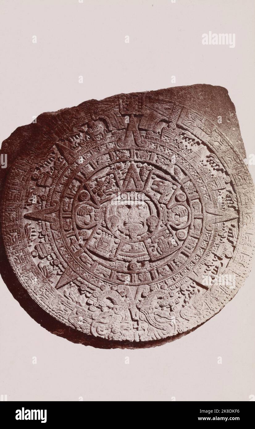 Vintage black and white photograph of the Aztec Calendar or Sun Stone, Mexico, Mayo & Weed photographers, ca 1898 Stock Photo