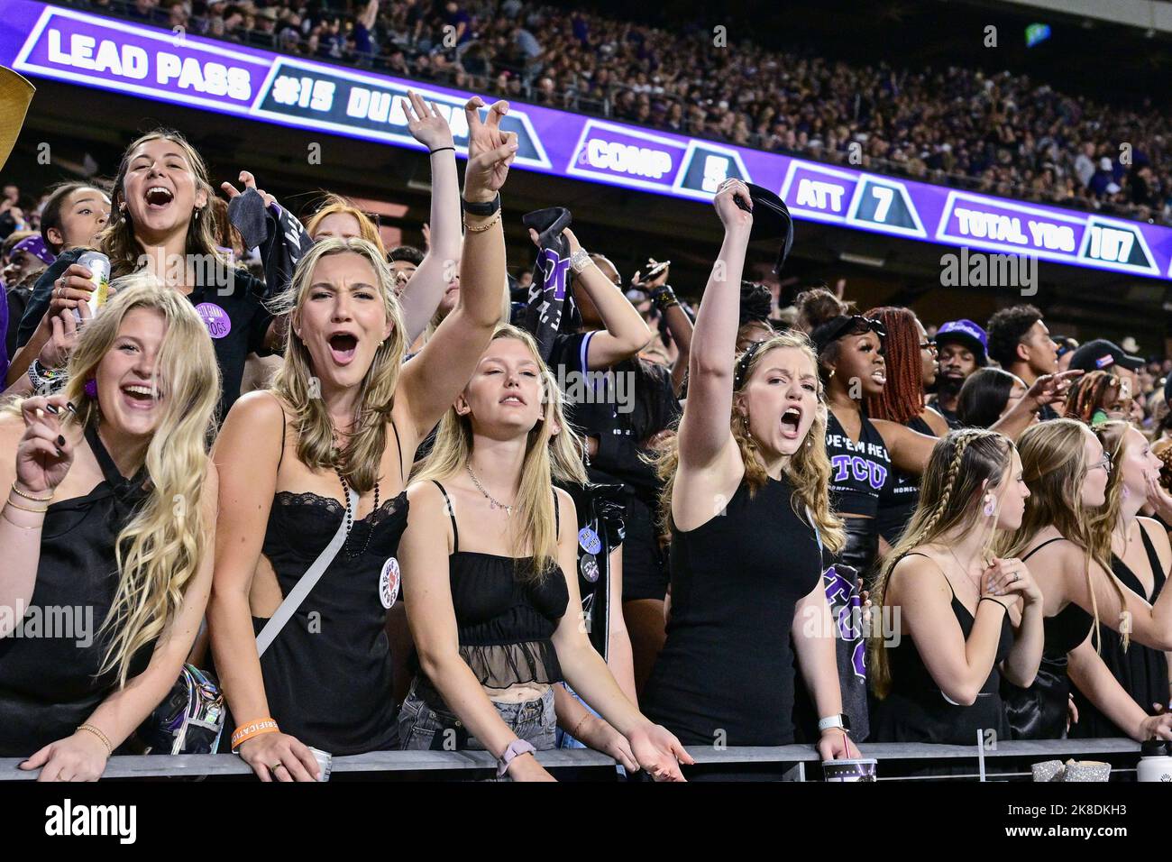 October 22nd 2022: .TCU fans cheering after a touchdown .during a NCAA Football game between the Kansas State Wildcats and TCU Horned Frogs at Amon G. Carter Stadium in Fort Worth, Texas.Manny Flores/CSM Stock Photo