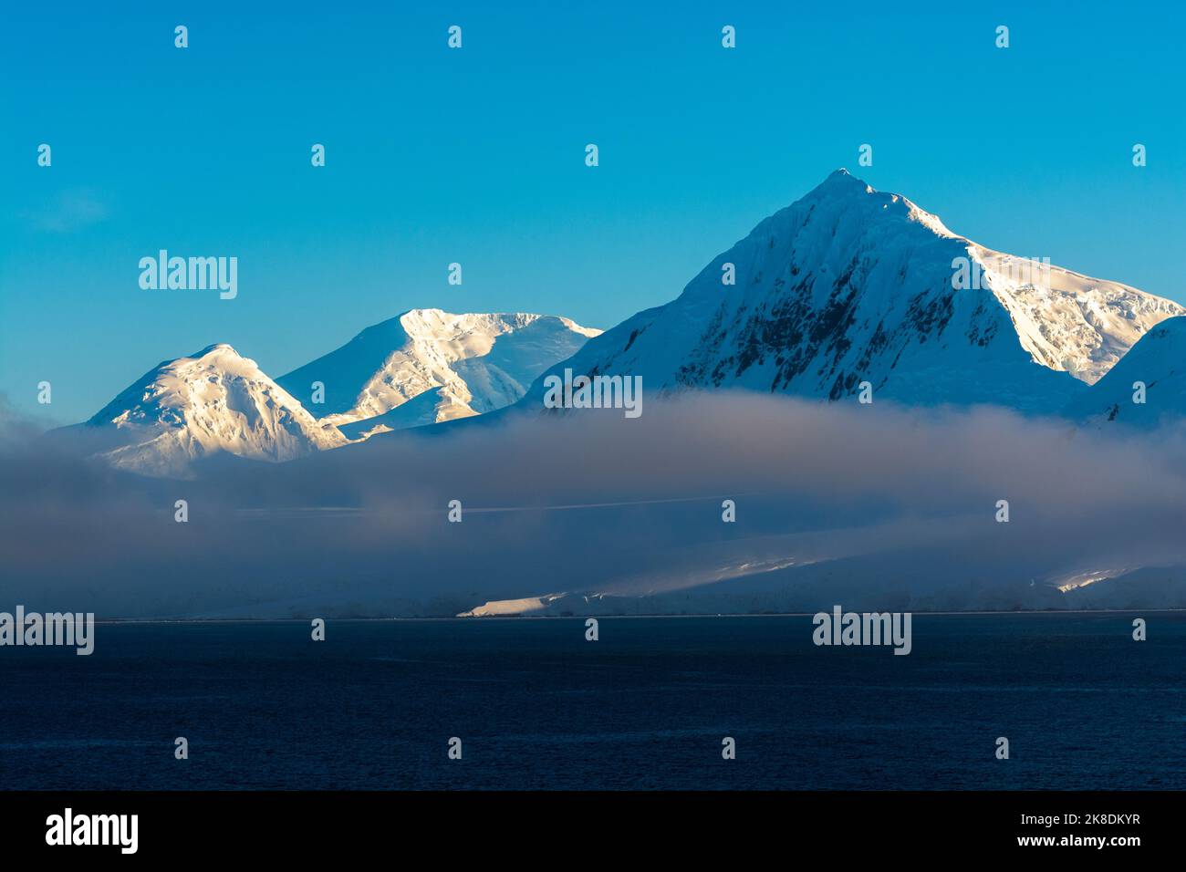 early morning sun lights up mt. william (r) on anvers island. antarctic