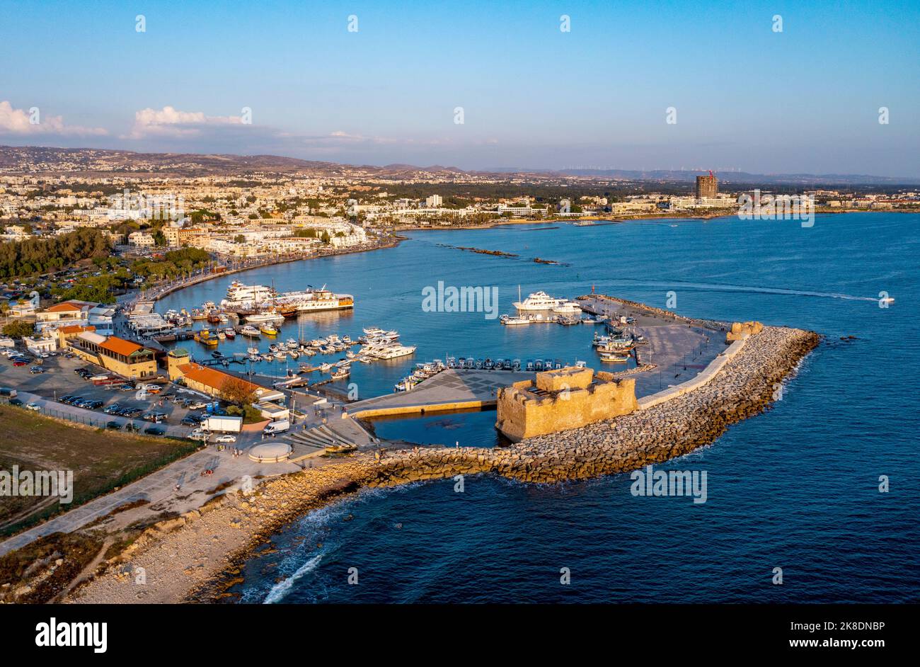 Aerial View Of Paphos Harbour And Fort At Sunset Paphos Cyprus Stock 