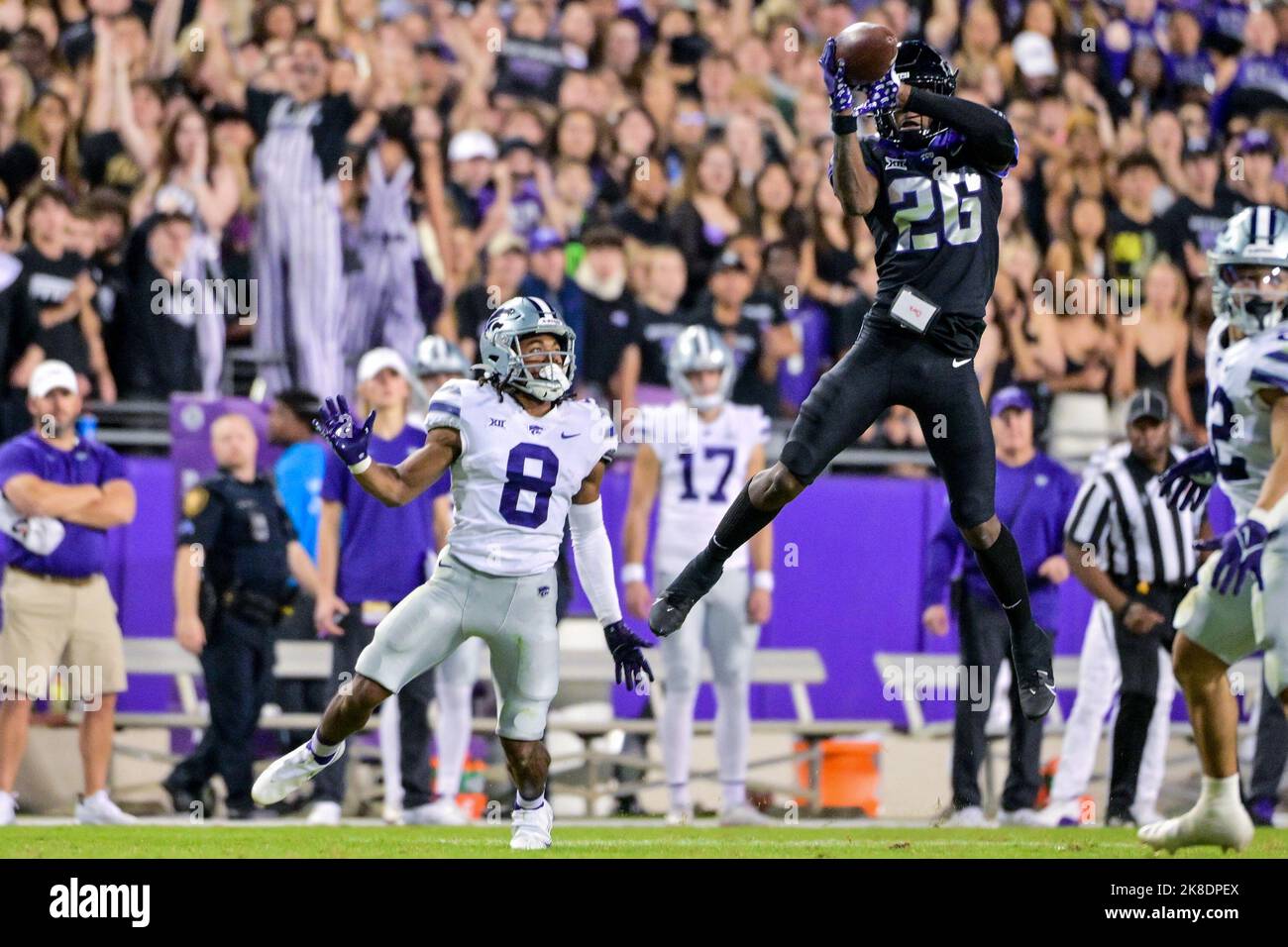 October 22nd 2022: .TCU Horned Frogs safety Bud Clark (26) leaps in the air  for an INT during a NCAA Football game between the Kansas State Wildcats  and TCU Horned Frogs at