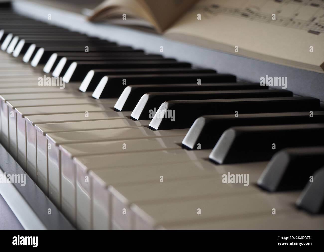 Detail of keys on a piano ready for music concert. Closeup standard