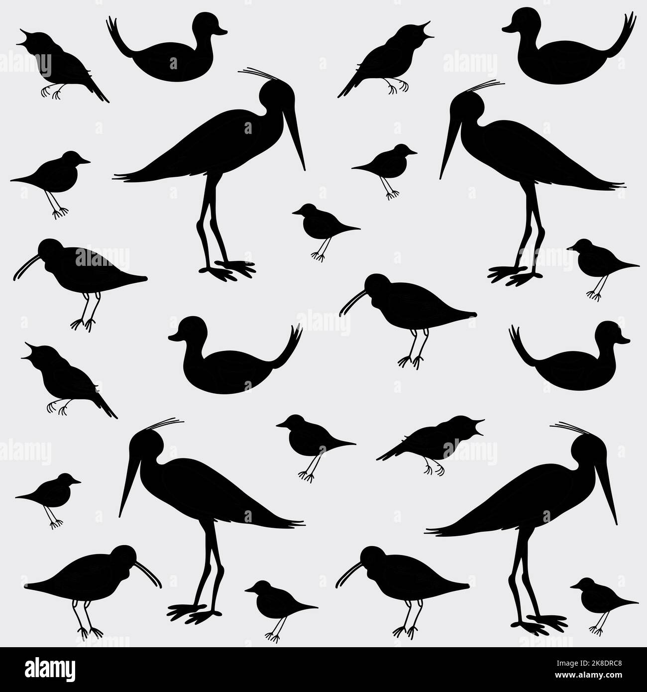 Silhouette of flat hand drawn birds. Black and white doodle bird seamless pattern. Stock Vector