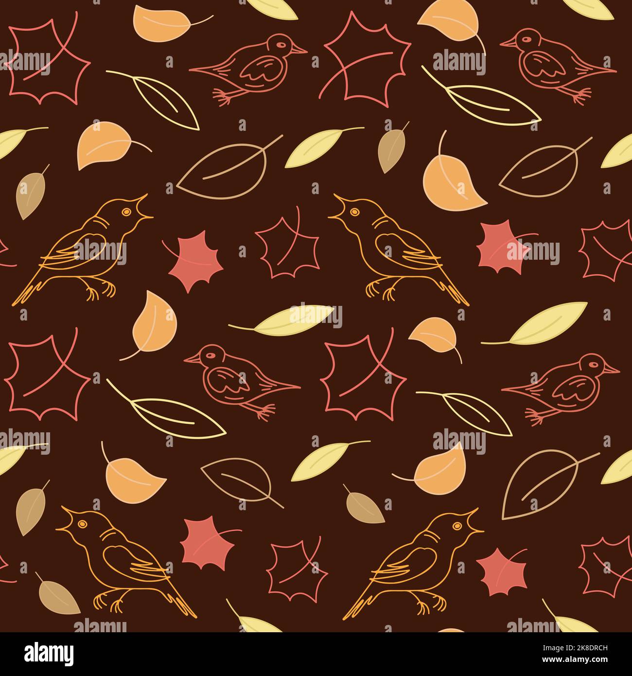 Hand drawn birds and leaves seamless pattern. Autumn pattern on dark brown background. Stock Vector