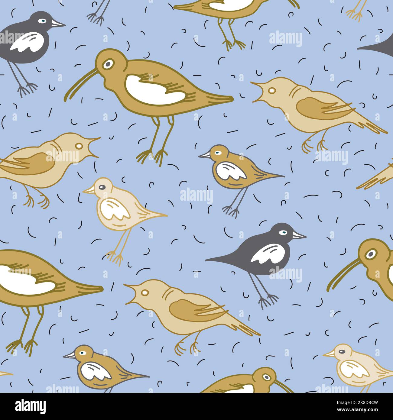 Doodle style birds seamless pattern on blue background. Stock Vector