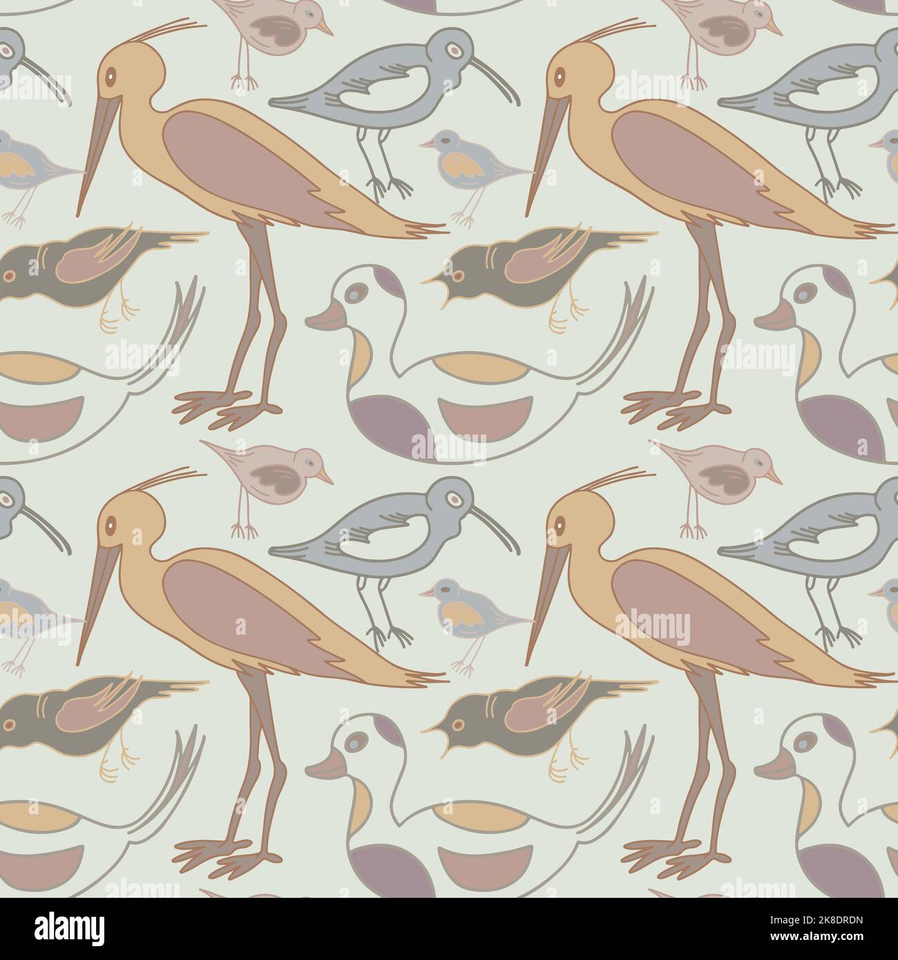 Pastel flat hand drawn birds seamless pattern. Stock Vector