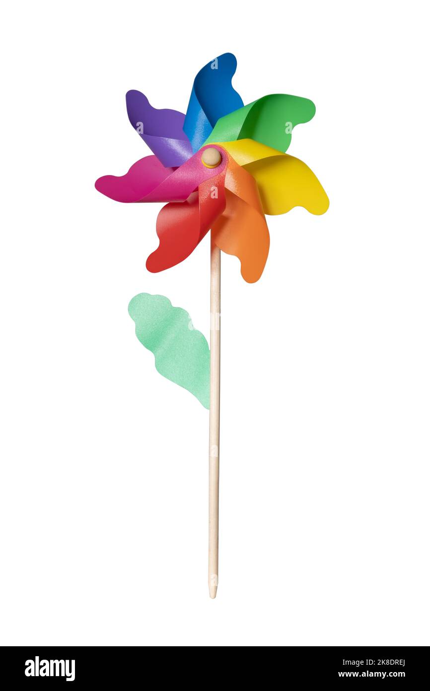 Rainbow pinwheel on white background with clipping path Stock Photo