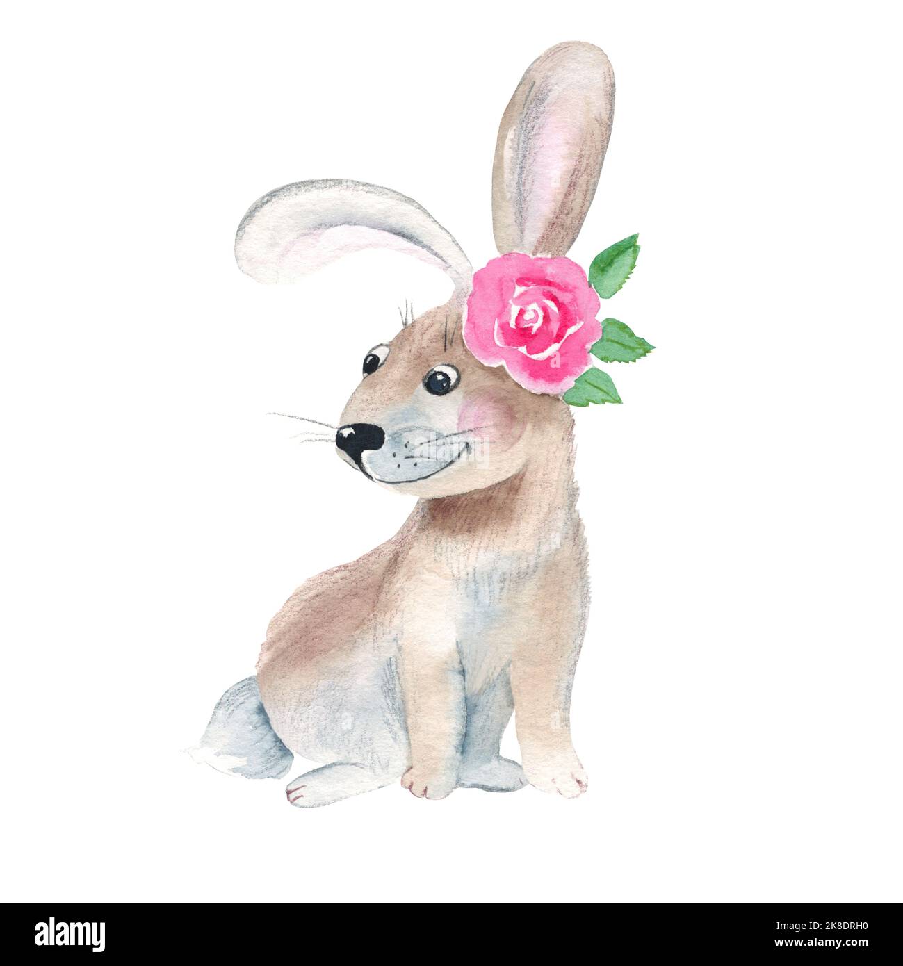Cute rabbit with pink rose isolated on white background. Watercolor ...