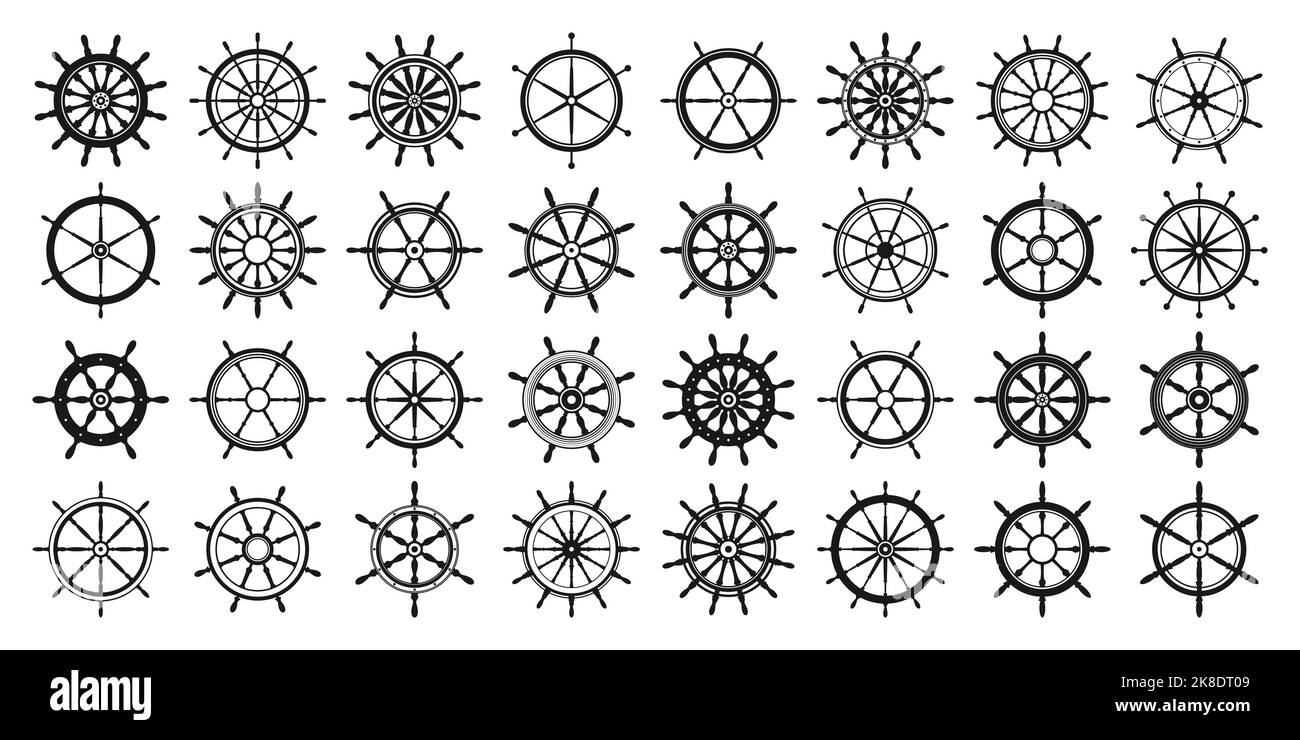 Collection of vintage steering wheels. Ship, yacht retro wheel symbol