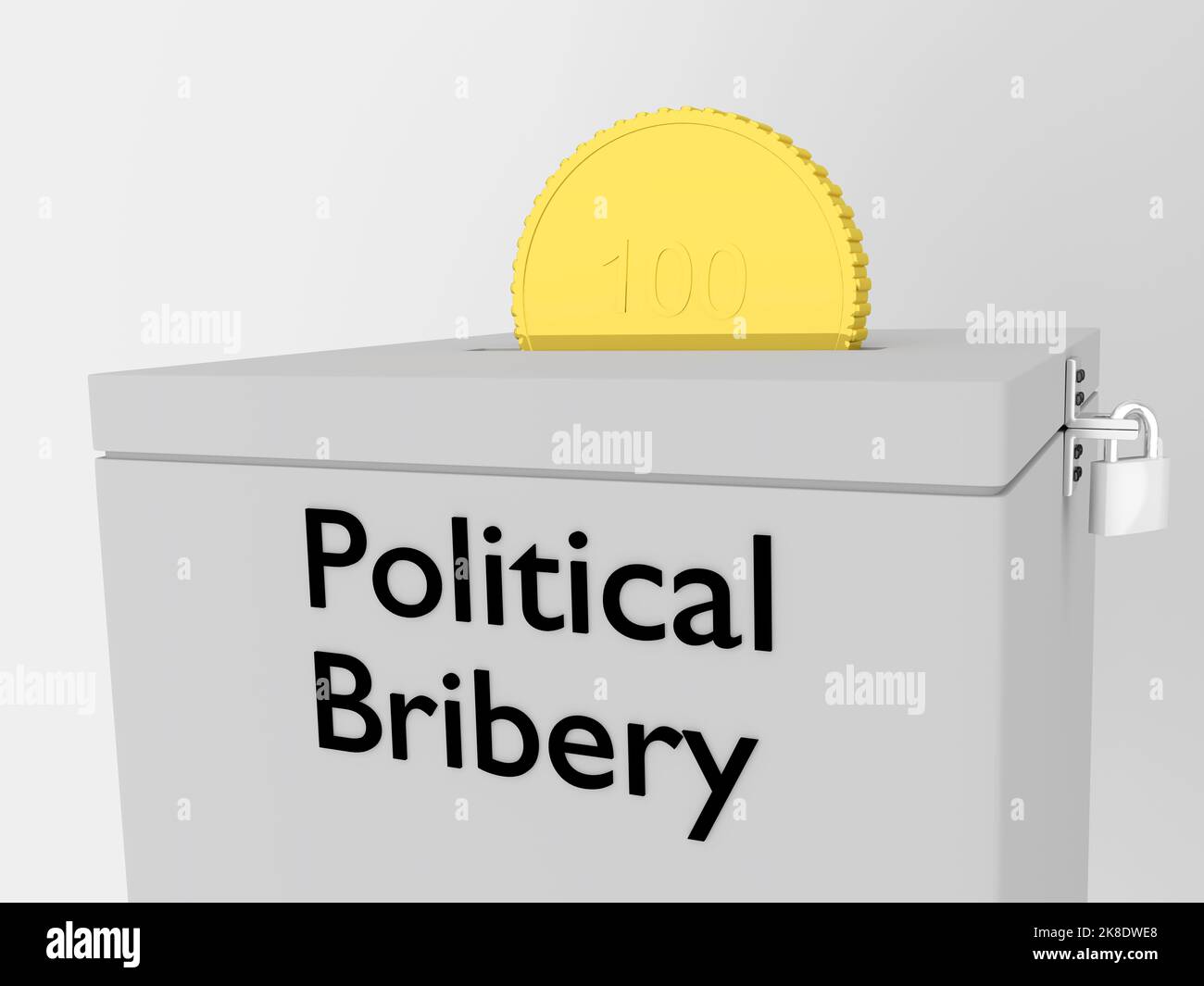 3D illustration of a golden coin insreted into a ballot box, titled as Political Bribery. Stock Photo