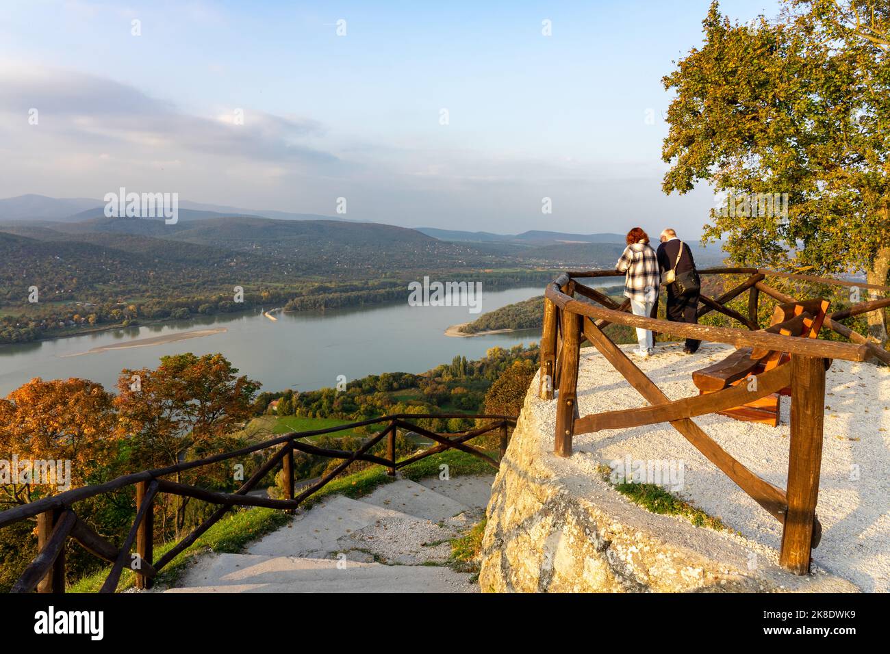 hungarian hiking trail next to Visegrad castle in Hungary over the Danube river with Pilis Borzsony mountains with people Stock Photo