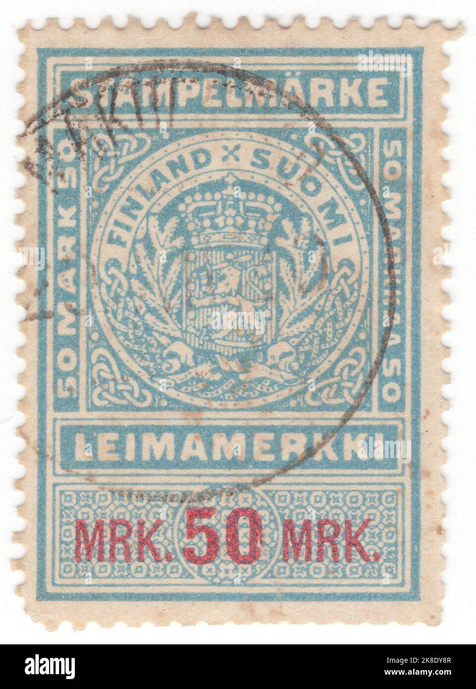 FINLAND - CIRCA 1882: An 50 mark light blue and carmine Postal-fiscal stamp with coat of arms in circular frame 'Finland Suomi' tax stamp Stock Photo