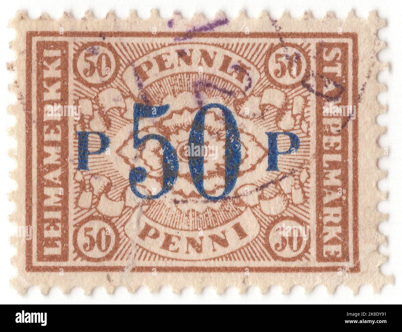 FINLAND - CIRCA 1922: An 50 pennia on 50 pennia brown Postal-fiscal stamp showing 'Sun', inscribed in blue Stock Photo