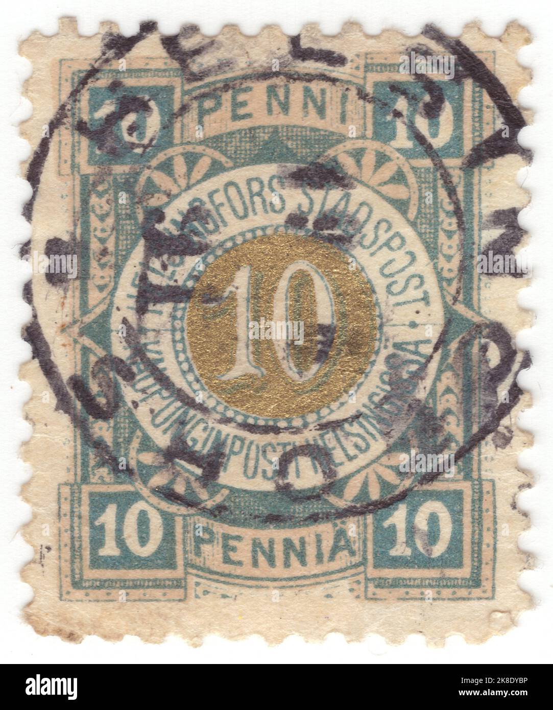 FINLAND - CIRCA 1866: An 10 pennia dull blue and bronze Local Post stamp depicting Numerals in oval. Helsingfors (Helsinki) local post Stock Photo