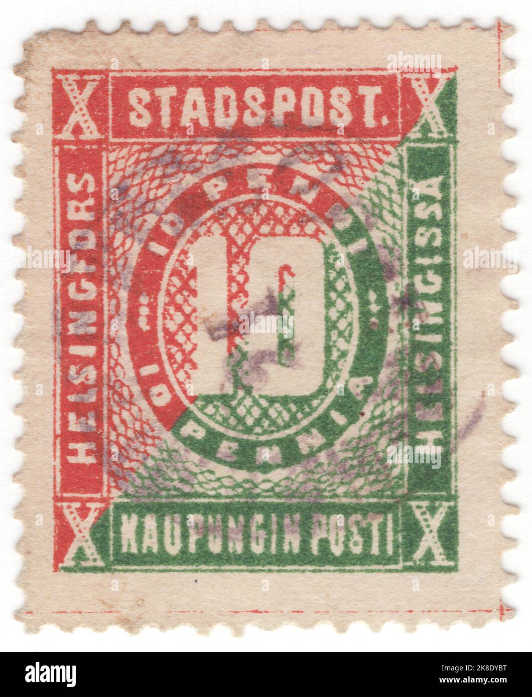 FINLAND - CIRCA 1866: An 10 pennia red and green Local Post stamp depicting Numerals in oval. Helsingfors (Helsinki) local post Stock Photo