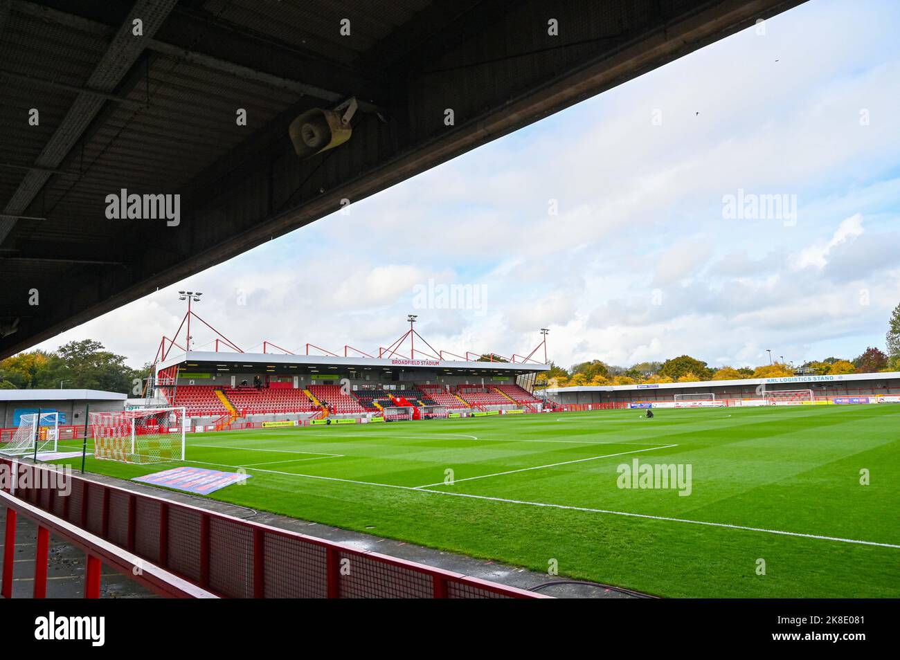 The stadium before during the EFL League Two match between Crawley Town and Mansfield Town at the Broadfield Stadium  , Crawley ,  UK - 22nd October 2022 Editorial use only. No merchandising. For Football images FA and Premier League restrictions apply inc. no internet/mobile usage without FAPL license - for details contact Football Dataco Stock Photo