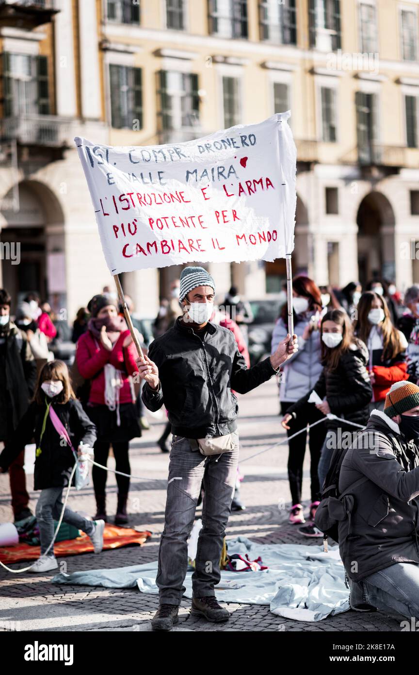 Cuneo, Italy. March 21, 2021. Street demonstration with which students and their families asked for the return of school lessons in the presence after Stock Photo