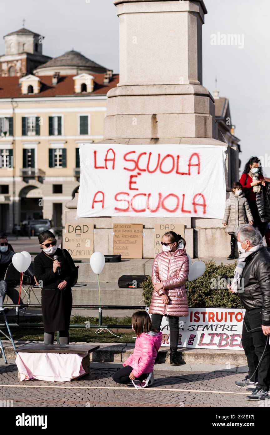Cuneo, Italy. March 21, 2021. Street demonstration with which students and their families asked for the return of school lessons in the presence after Stock Photo