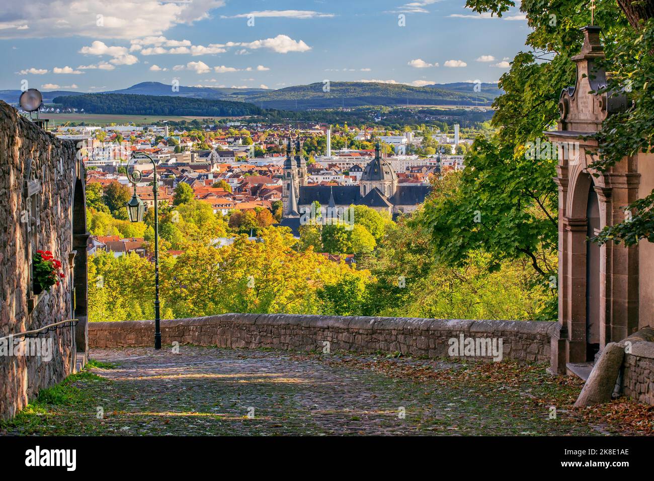 Old Way of the Cross to Frauenberg with view of St. Salvator's Cathedral and the town in early autumn, Fulda, Fulda River, Rhoen, Eastern Hesse Stock Photo
