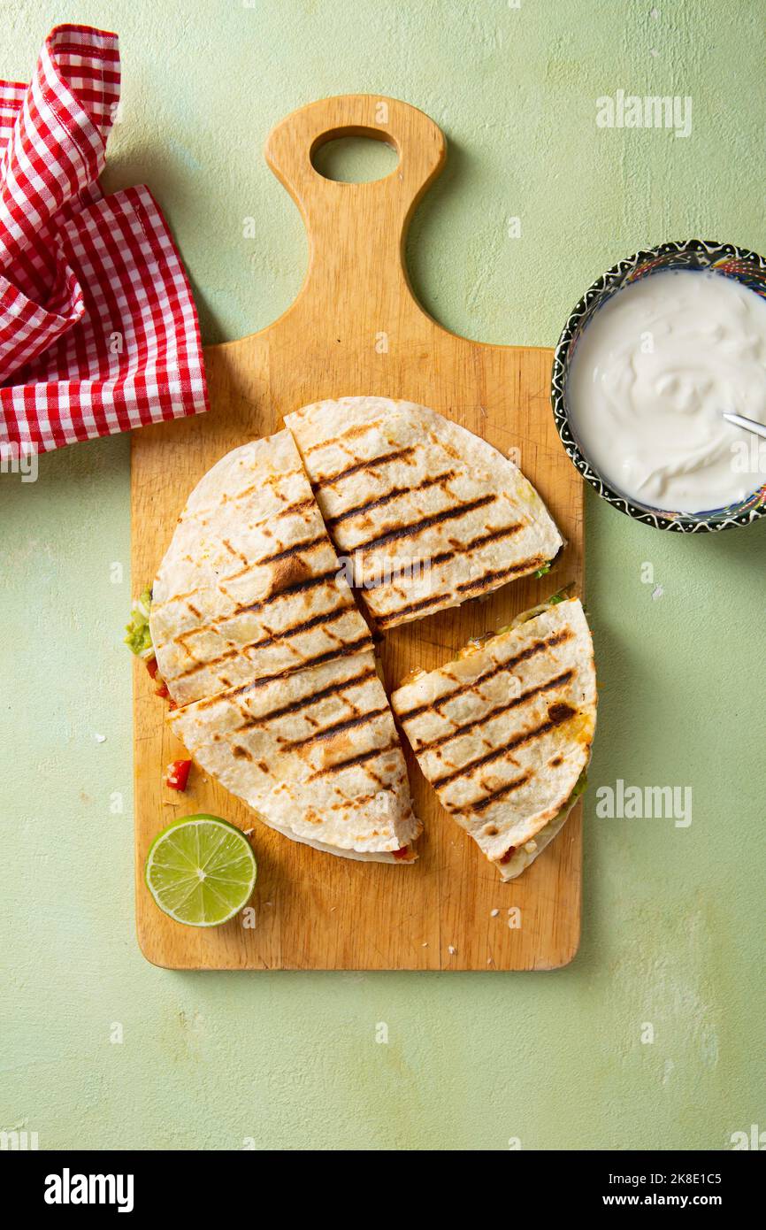 Top view of grilled tortilla with meat top view mexican food Stock Photo